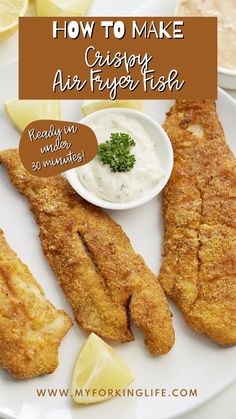 how to make crispy air fry fish on a white plate with lemon wedges