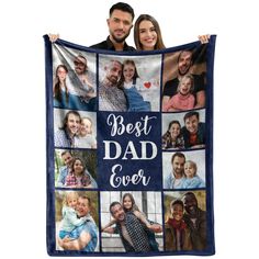 a man and woman holding up a blanket that says best dad ever with photos on it