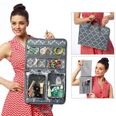 a woman holding an open suitcase with jewelry in it