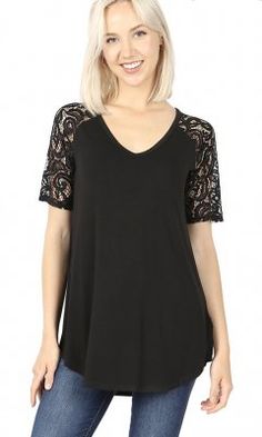 Nisi Short Lace Sleeve V-Neck Shirt In Black Black Lace Trim V-neck Top, Casual V-neck Lace Top With Lace Sleeves, Black Short Sleeve Tops With Lace Patchwork, Stretch Lace Patchwork Short Sleeve Tops, Stretch Short Sleeve Tops With Lace Patchwork, Casual Stretch Lace Top With Lace Sleeves, Stretch Lace Top With Short Sleeves, Black Short Sleeve Tops With Lace Sleeves, Black Short Sleeve Top With Lace Sleeves