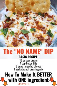 the no name dip is served in a bowl with crackers