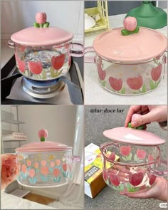 four different pictures of pink dishes with flowers and leaves painted on them, one has a lid