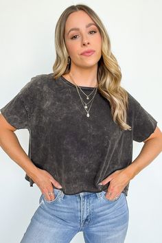 Details: Stay ahead of the trend with our Amorettah Acid Wash Crop Tee. Its raw edge short sleeve design and acid wash fabric feel comfortable and light to wear, making it a perfect choice for casual outings. Stand out like never before and make a statement in style. Get yours today! - Acid wash - Short sleeves - Crop length * Each item is unique, expect variations in color and finishingContent: 100% cotton Size + Fit: Model is 5'4" and wearing a SM - Measurements from a size SM - Full length: 1 Tomboy Aesthetic, Acid Wash Shorts, T Shirt Crop Top, Short Sleeve Design, Cropped Tee, Drawings Simple, Back In Stock, Women Clothing Boutique, Acid Wash