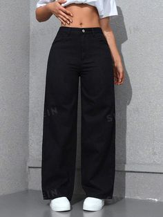 Details:Button \nStyle:Casual \nDetails:Pocket \nDetails:Zipper \nClosure Type:Zipper Fly \nColor:Black \nPattern Type:Plain \nType:Wide Leg \nJeans Style:Curvy \nWaist Line:High Waist \nLength:Long \nFit Type:Loose \nFabric:Non-Stretch \nMaterial:Denim \nComposition:100% Cotton \nCare Instructions:Machine wash, do not dry clean \nBody:Unlined \nSheer:No \n Baggy Straight Leg Jeans, Black Baggy Jeans, Women Denim Jeans, Wearing Black, Fashion Online Shop, Boyfriend Jeans, Denim Women, All Fashion, Straight Leg Jeans