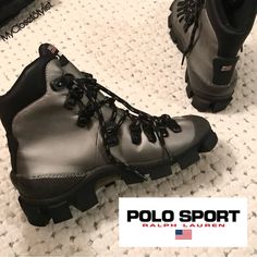 Ralph Lauren Sport Boot Lug Sole Boots Rare! New Gunmetal Snow Ski Rain Ooak 8 Ankle Rad Shoes Ralph Lauren Sport! New! 100% Authentic From Rl Sport Line! With Usa Flag & Cool Heavy Lugged Sole Reminiscent Of Mountain Climbing Design. Cool Gunmetal Color. So Chic. Literally One Of A Kind... From A Rl Insider In Nyc. Most Likely The Only Ones Made. You Won’t See Anyone With These Beauties. Perfect For The It Girl Or Those Who Like Unique. Amazing Design In & Out! Don't Miss Them. One Of A Kind Ch Gray Leather High-top Hiking Boots, Gray High-top Leather Hiking Boots, Sporty Gray Leather Boots, Leather Hiking Boots With Protective Metal Feet, Leather Hiking Boots With Protective Metal Feet For Walking, Gray Leather Hiking Boots, Gray Leather Hiking Boots For Walking, Ralph Lauren Sport, Ralph Lauren Shoes