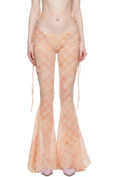 KNWLS: Orange Glimmer Trousers | SSENSE Chiffon Trousers, Peach Pants, Floral Prints Pattern, Check Pattern, Silk Chiffon, Wide Leg Trousers, Bottoms Pants, Low Rise, Apparel Accessories