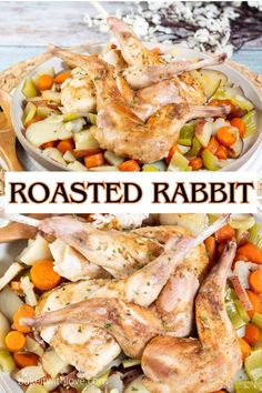 roasted rabbit with carrots, potatoes and celery in a white serving dish