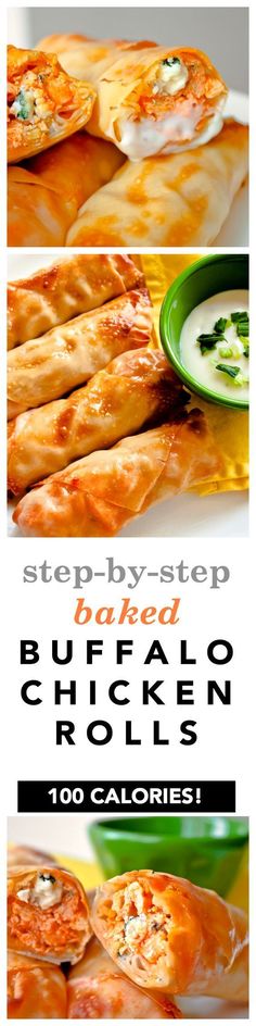 the steps to make buffalo chicken rolls are shown in three different stages, including dipping sauce and