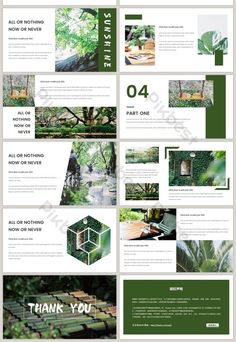 a bunch of green and white brochures with trees in the background, including an image