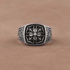 Elegand Handmade Floral Signet Ring, 925 Sterling Silver Statement Ring For Husband,  Unique Fathers Day Gift for Him, Oxidized Silver Ring ✅ With its eye-catching design and intricate detailing, this ring is sure to draw eyes, making it a perfect conversation starter. ✅ Whether you're looking for a unique piece of jewelry to add to your collection or a gift for a special someone, this ring is sure to be a treasured item. * Crafted from 925 sterling silver  * Intricate and elegant ring * Eye-cat Silver Oxidized Finish Signet Ring As Gift, Silver Engraved Flower Ring Gift, Handmade White Gold Classic Rings, Handmade Classic White Gold Rings, Sterling Silver Signet Ring With Oxidized Finish, Oxidized Sterling Silver Signet Ring, Oxidized Open Signet Ring Gift, Stamped Sterling Silver Open Ring Jewelry, Stamped Sterling Silver Open Ring