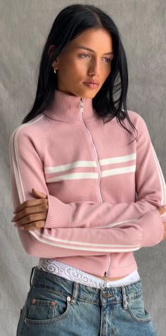 Pink Zip Through Jacket | Talisa – motelrocks-com-us Aesthetic Fairycore, Sporty Jacket, 2000s Vintage, Vintage Grunge, Mode Inspo, Knit Hoodie, Women Sleeve, Grunge Style, Slim Fit Shorts