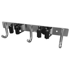 three metal hooks are attached to the side of a wall mounted shelf with two black and one silver handles