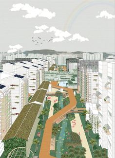 an artist's rendering of a city with lots of trees and buildings