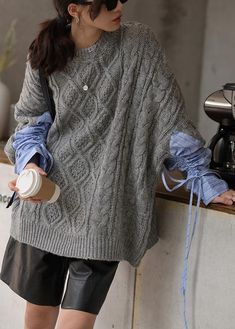 Cute Gray Knitted Blouse Casual O Neck Patchwork Clothes for Women Long Denim Coat, Patchwork Clothes, Knitted Blouse, Blouse Casual, Comfort Wear, Denim Coat, New Tops, Casual Blouse, Cotton Blouses