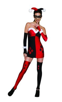 Inspired by Harley Quinn's original one-piece jester's outfit, this sexy take… Jester Costume, Batman Costumes, Red Black Dress