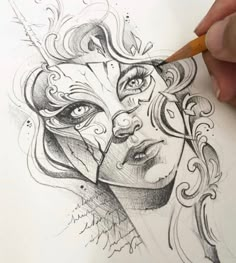 a drawing of a woman's face on paper with a pencil in her hand