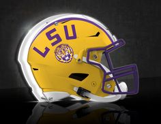 a lsu helmet is shown on a reflective surface