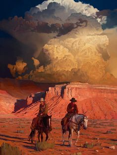 two men riding horses in the desert under a cloudy sky