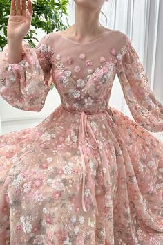 Long Sleeve Dress With Illusion Neckline For Prom, Floral A Line Dress, Floral Pastel Dress, Spring Long Sleeve Dresses With Illusion Neckline, Feminine Long Sleeve Tulle Dress, Long Sleeve Tulle Dress With Floral Embroidery, Long Sleeve Floral Embroidered Tulle Dress, Feminine Long Sleeve Organza Dress, Spring Long Sleeve Organza Dresses