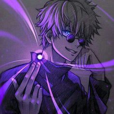 an anime character with blue eyes holding a purple object in his hand and looking at the camera