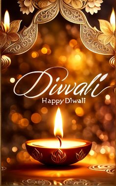 happy diwali greeting card with lit candle