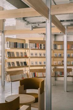 an empty library with many books on the shelves and two chairs in front of them