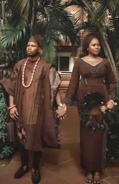 Brown Nigerian Dress, Brown Asoebi, Couples Attire, Nigerian Traditional Attire, Traditional Photoshoot, African Hair Wrap