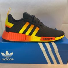 Adidas Nmd R1 Shoes Black Orange Yellow Gradient. Fz5877 Men’s Size 11.5 Condition Is New With The Box. Please View Pictures. Yellow Adidas Low-top Basketball Shoes, Orange Adidas Running Shoes For Streetwear, Adidas Yellow Running Shoes, Adidas Ultra Boost 20, All Black Adidas, Sporty Fade-resistant Yellow Running Shoes, Adidas Nmd R2, Yellow Adidas, Adidas Ultraboost Dna