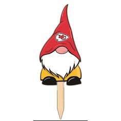 a red and yellow gnome head on top of a toothpick with a football logo