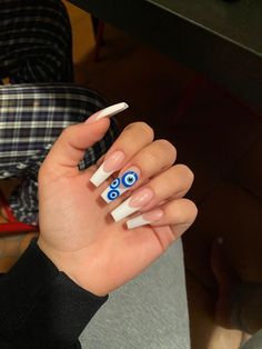 Nails Evil Eye French Tip, Evil Eye Nails Design French Tip, Ojo Nail Design, French Nails With Evil Eye, Evil Eye Nails Coffin, Evil Eye French Nails, Evil Eye French Tip Nails, Euphoria Aesthetic Nails, Acrylic Nails Evil Eye