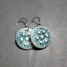 "The earrings measure 1 1/16\" in length including the sterling silver earwire. They are surprisingly lightweight and comfortable to wear.  Please note all earrings are handmade and some variations will occur.  To see more styles of earrings that I have go to: http://www.etsy.com/shop/PhenixPottery?section_id=7130315" Blue Hypoallergenic Small Hoop Earrings, Hypoallergenic Blue Circular Jewelry, Artisan Blue Nickel-free Earrings, Unique Blue Everyday Earrings, Unique Blue Earrings For Everyday, Unique Hypoallergenic Round Earrings, Artisan Blue Hoop Earrings As Gift, Turquoise Circle Earrings Gift, Artisan Hypoallergenic Drop Earrings