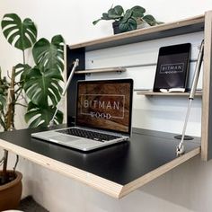 an open laptop computer sitting on top of a wooden desk next to a potted plant