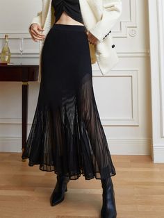 Knit Pleated Semi-sheer Maxi Skirt Business Couture, Sheer Maxi Skirt, Alt Goth, Leg Harness, Sheer Maxi Dress, Empire Style, Outfits Casuales, Sweater Skirt, Dress Length