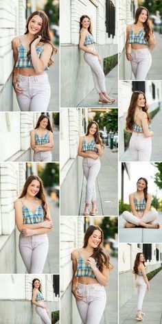 a collage of photos of a woman in white pants and plaid shirt posing for the camera