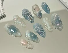 Blue Douyin Nails, Blue Korean Nails, Fish Nails, Nail Design, Diy Acrylic Nails, Hippie Nails, Simple Gel Nails, Nail Ring