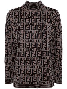 brown/black signature Zucca monogram pattern striped border mock neck long sleeves ribbed cuffs and hem Condition: GOOD. This previously owned and used item is in good condition with minimal signs of use. This may include fading of material or plating and scratches. Jean Patou, Fendi Vintage, Monogram Pattern, Previous Life, Funnel Neck, Tops For Women, Black Wool, Tops Designs, Jumper