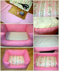 the instructions for how to make a dog bed in pink and white with flowers on it