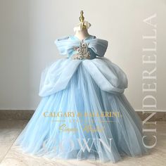 the dress is blue and has a large bow on it's back, with an embellishment in the center