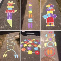 four different pictures of sidewalk chalk art with numbers and symbols