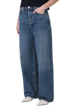 AGOLDE Low Slung Baggy Jeans | Nordstrom Classic Wide Leg Washed Blue Flare Jeans, Classic Washed Blue Wide Leg Flare Jeans, Classic Baggy Dark Wash Jeans, Classic Spring Jeans With Loose Fit, Spring Classic Jeans With Loosely Fitted Hips, Classic Jeans With Loosely Fitted Hips For Spring, Classic Full Length Relaxed Fit Jeans, Classic Baggy Jeans With Five Pockets, Medium Wash Jeans With Loosely Fitted Hips