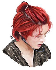 a drawing of a woman with red hair and piercings on her ears, wearing a headset