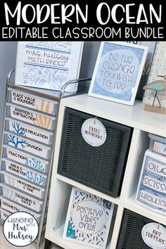 the modern ocean printable classroom bundle is displayed on a book shelf with baskets and cards