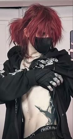 Emo Guys With Long Hair, Emo Boys With Long Hair, Red Hair Guy Aesthetic, Hot Long Hair Guys, Femboy Hair Ideas, Emo Femboy Outfits, Emo Guys Aesthetic, Femboy Hairstyle, Red Emo Hair