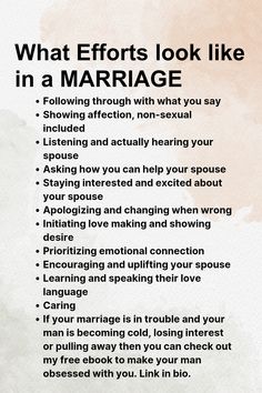 What Efforts look like in a MARRIAGE  ➡️ Listening and actually hearing your spouse ➡️Asking how you can help your spouse ➡️ Staying interested and excited about your spouse ➡️ Apologizing and changing when wrong ➡️ Initiating love making and showing desire ➡️ Prioritizing emotional connection  Marriage quotes, Marriage Advice #marriedcouples #marriagequotes Supporting Your Spouse Quotes, Fixing A Marriage Quotes, How To Make Your Spouse Feel Special, Put Your Spouse First Quotes, Selfish Spouse Quotes, Emotional Safety In Marriage, Neglect In Marriage, Relationship Advice Questions, Marriage Rules