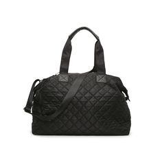 a black quilted handbag on a white background