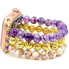 Custom, handmade, beaded watch band compatible with Apple Watch. Watch band made with Gold Lava Stone, Purple Dragon Veined Stone Agate, and White Gold Veined Howlite beads. Please use the drop-down to select your connector and wrist size. I can also make one custom to your wrist measurement if you include your wrist size in your order (example in last photo). I have many different colors/styles/materials of beads. If you are looking for a specific color please send me a message and I may have it! These are handmade items so they may vary in pattern placement. Due to differences in screen settings, colors may differ slightly between photos and the physical product. Please feel free to send me a message if you have questions regarding availability of patterns, quantities, or sizes. I often Beaded Watches, Purple Dragon, Lava Stone, Watch Band, Watch Bands, Apple Watch, Jewelry Watches, Agate, Handmade Items