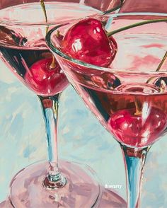 an oil painting of two martini glasses with cherries