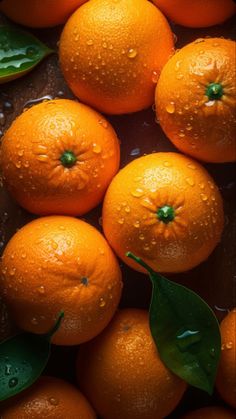 several oranges with green leaves and water droplets on them, sitting in a pile