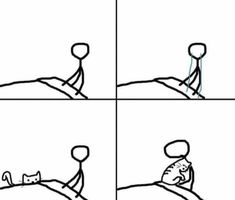 a cartoon drawing of a person laying on top of a bed with a cat in his lap