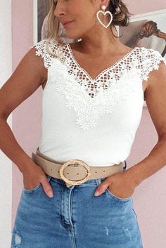 White Lace Splicing Slim-fit V Neck Tank Top White Spliced V-neck Tops, Chic Summer Tops With Splicing, White Lace Bodysuit, Bodysuit White, Lace Trim Top, Lace Splicing, V Neck Tank Top, White Bodysuit, Lace Fashion